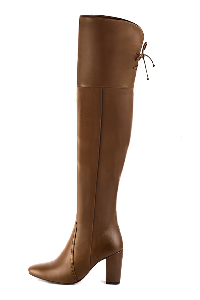 Caramel brown women's leather thigh-high boots. Round toe. High block heels. Made to measure. Profile view - Florence KOOIJMAN